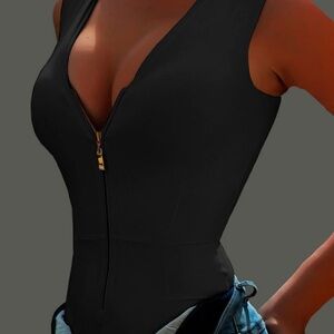 Chicme Zip Front V-Neck Sleeveless Bodysuit Black Large NWT